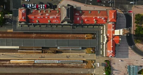 Vibrant Train Station Sunset Top Down Aerial Still Life Shot Hot Summer Day Stock Footage 300507194