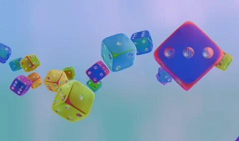 Vibrant, translucent dice with rounded edges float dynamically across a sof.. Stock Illustration