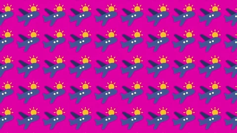 Vibrant Travel Pattern with Cartoon Airplanes and Suns on Pink Background Stock Footage 344909032