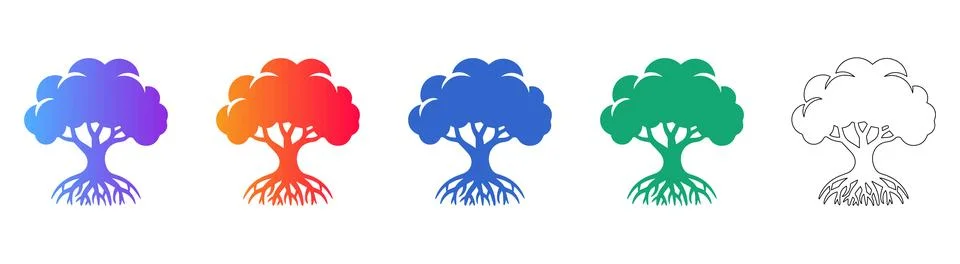 Vibrant Tree with Root System Icons Stock Illustration