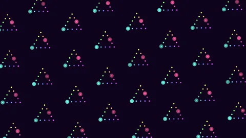 Vibrant triangular arrangement floating purple and green dots on black Stock Footage 285686938