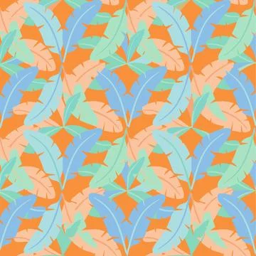 Vibrant Tropical Banana Leaf Pattern on Orange Background. Stock Illustration