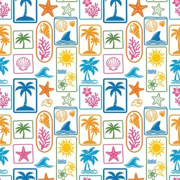 Vibrant Tropical Beach Elements Seamless Pattern Design. イラスト素材