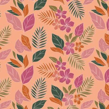Vibrant Tropical Foliage Pattern with Exotic Flowers and Palm Leaves on a W.. Stock Illustration