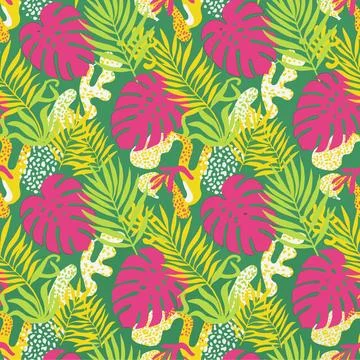 Vibrant Tropical Foliage Pattern with Pink Monstera Leaves and Green Palm F.. Stock Illustration