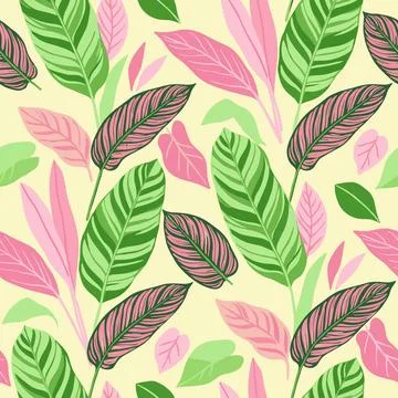 Vibrant Tropical Foliage Pattern with Pink and Green Leaves. Stock Illustration