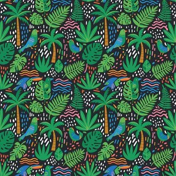 Vibrant Tropical Jungle Pattern with Palm Trees and Exotic Birds. Stock Illustration