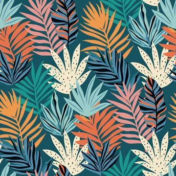 Vibrant Tropical Leaves Seamless Pattern on Dark Teal Background. Stock Illustration