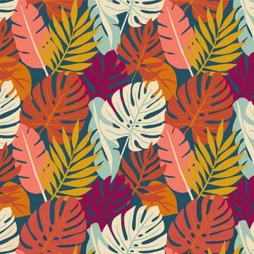 Vibrant Tropical Leaves Seamless Pattern with Colorful Foliage. Stock Illustration