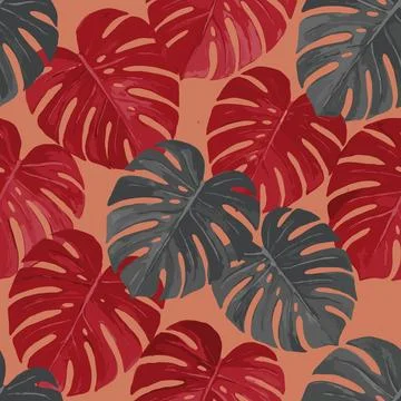 Vibrant Tropical Monstera Leaf Pattern on Orange Background. Stock Illustration