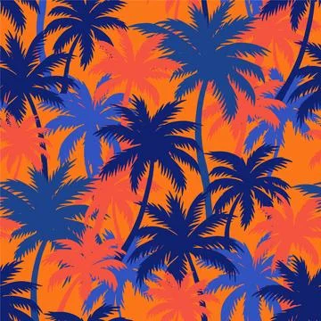 Vibrant Tropical Palm Tree Pattern on Orange Background. イラスト素材