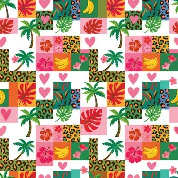 Vibrant Tropical Patchwork Pattern with Leopard Print and Exotic Flora. Stock Illustration