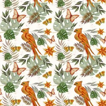 Vibrant tropical pattern featuring butterflies and colorful birds Stock Illustration