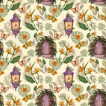 Vibrant tropical pattern featuring lanterns, flowers, and butterflies Stock Illustration