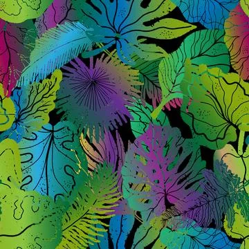 Vibrant tropical pattern with gradient leaves. Rainbow colors, rich and moder 스톡 일러스트