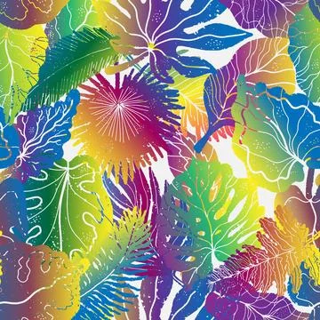 Vibrant tropical pattern with gradient leaves. Rainbow colors, rich and moder Stock Illustration