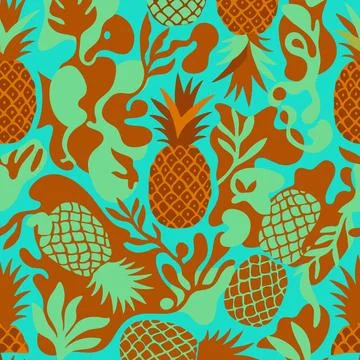 Vibrant Tropical Pineapple and Leaf Pattern on Teal Background. Stock Illustration