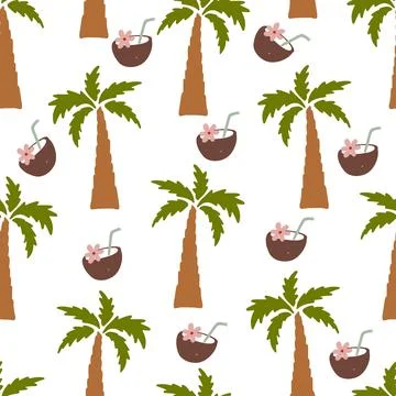 Vibrant tropical summer pattern featuring palm trees and coconut drinks with Illustrazione stock