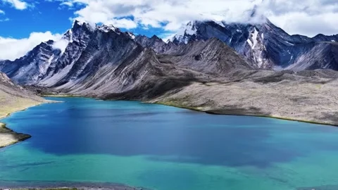 Vibrant Turquoise Lake Surrounded by Rugged Snow Mountains Tibet China 動画素材 346737991