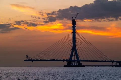 Vibrant Twilight with Fire Clouds Over Danshui New Taipei Taiwan Cable Bridge Stock Photos