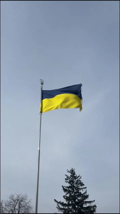 A vibrant Ukrainian flag flutters in the wind atop a building against a sky. Stock Footage 330543085