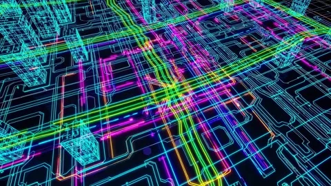 Vibrant urban visualization of connected city streets and buildings in neon colo Stock Footage 297464276