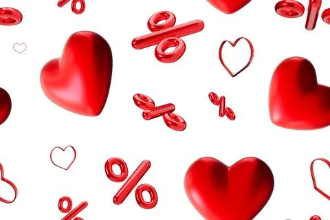 Vibrant Valentines Day pattern with glossy 3D red hearts and percentage symbo Stock Photos