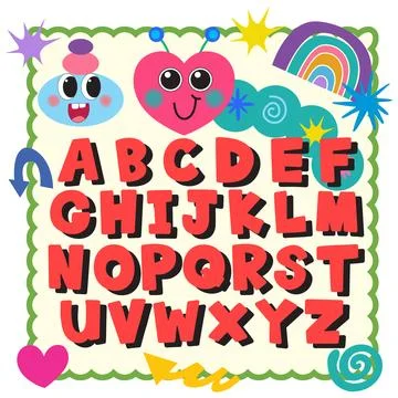 Vibrant vector alphabet poster includes playful characters, rainbow, and star Stock Illustration