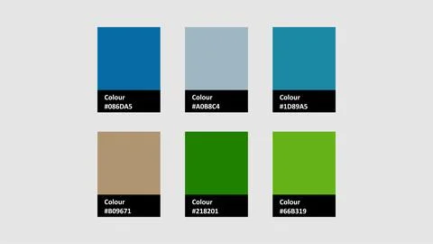 A vibrant vector color palette featuring six distinct shades of blue, green.. Stockillustratie