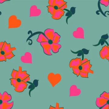 Vibrant Vector Floral Seamless Pattern In Pink, Orange And Green Stock Illustration
