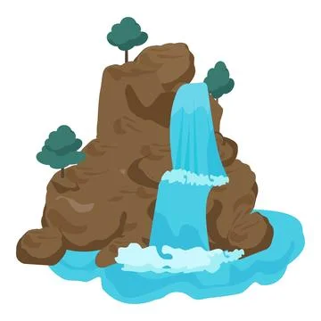 Vibrant vector illustration of a cascading waterfall with trees on a mountain Stock Illustration