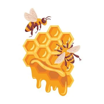 A vibrant vector illustration featuring bees buzzing around honeycombs. The.. Stock Illustration