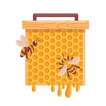 A vibrant vector illustration featuring bees buzzing around honeycombs. The.. Stock Illustration