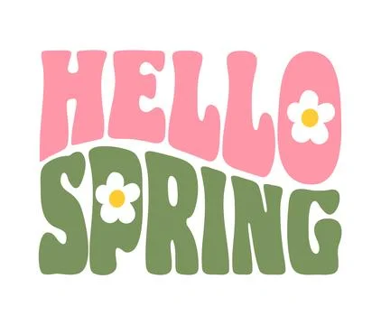 Vibrant vector illustration of Hello Spring in groovy lettering, surrounded b Stock Illustration