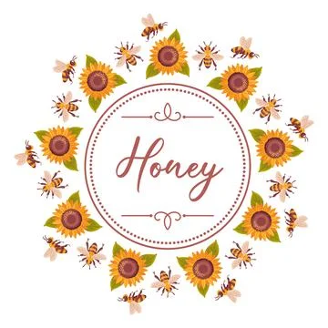 This vibrant vector illustration showcases bees buzzing around bright sunflowers Stock Illustration