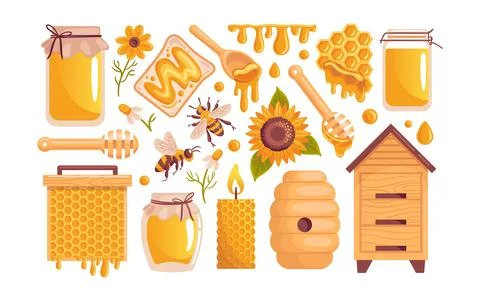 A vibrant vector illustration showcasing various honey-related items, includi Stock Illustration
