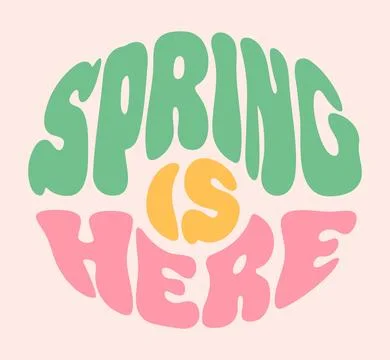 Vibrant vector illustration of Spring is Here in groovy lettering, surrounded Stock Illustration
