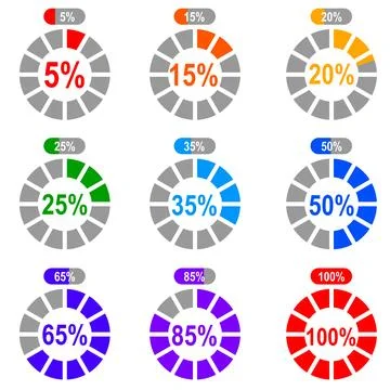 Vibrant Vector Progress Indicators Set: Segmented Circles &amp; Bars Displaying.. Stock Illustration