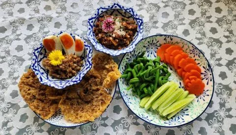 Vibrant Vegetable Dip with Chilli Paste and Fresh Sides Stock Photos