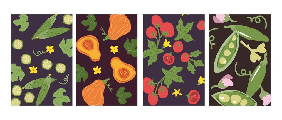 Vibrant vegetable patterns featuring cucumber, pumpkin, tomato, and pea pods Stock Illustration
