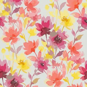 Vibrant Watercolor Floral Pattern with Pink Yellow and Orange Blooms. Illustrazione stock
