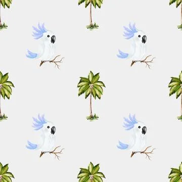 Vibrant watercolor parrot pattern featuring palm trees for seamless textile.. 스톡 일러스트