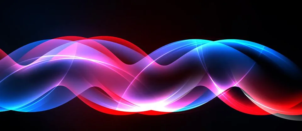 Vibrant waves, flowing forms, luminous colors. Red, blue, purple blend agains Stock Illustration