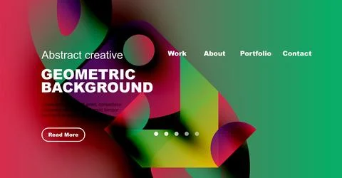 Vibrant website mockup features abstract shapes, text overlays, navigation menu. Stock Illustration