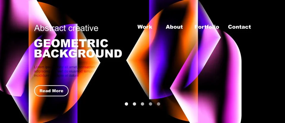 Vibrant website mockup features abstract geometric shapes, bold text, navig.. 스톡 일러스트