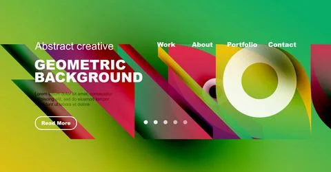 Vibrant website mockup features geometric shapes, bold colors, text elements. Illustrazione stock