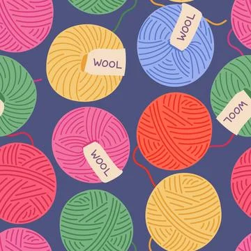 Vibrant wool yarn balls seamless pattern vector illustration. Colorful knitting Illustrazione stock