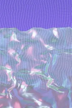 Vibrant Y2K style abstract background with a digital wireframe landscape and a Illustrazione stock