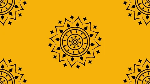 Vibrant yellow background featuring black circular mandala pattern with 4k. Vídeos de archivo 337835384