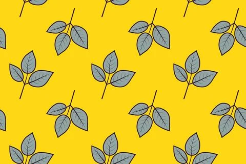 Vibrant yellow background with a repeating pattern of stylized grey leaves... Illustrazione stock